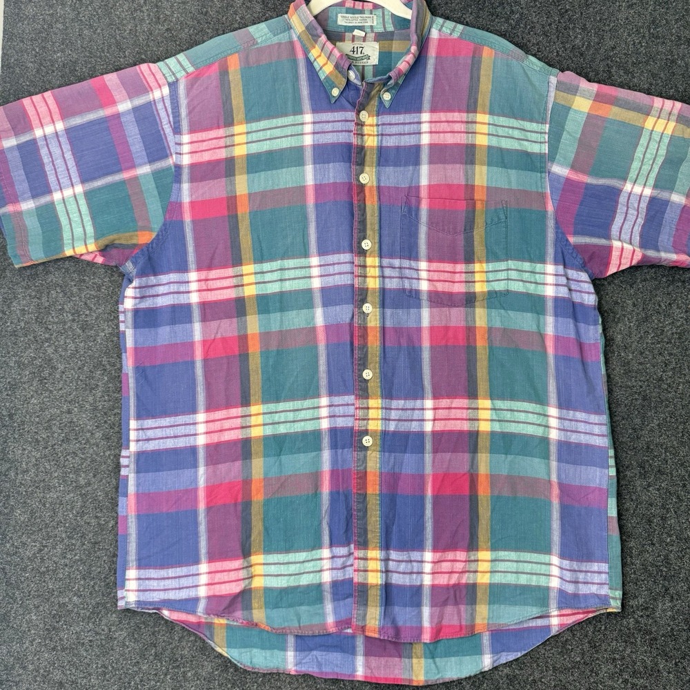 Vintage Van Heusen 417 XL Madras Plaid Shirt Short Sleeve Preppy Ivy Trad Cotton